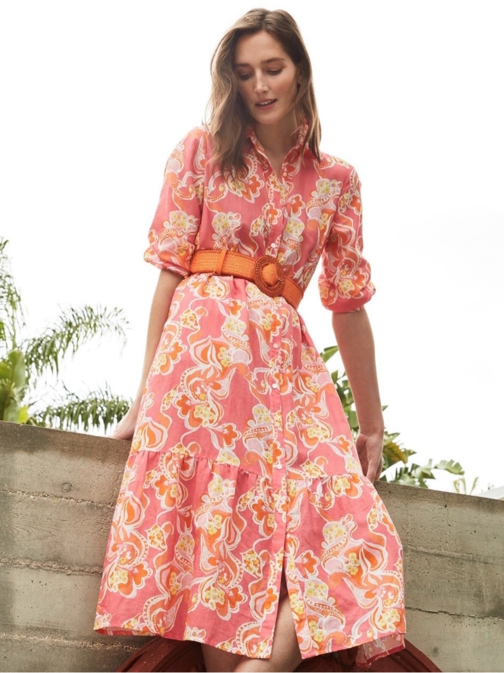 J. McLaughlin Coral Pink/Orange Floral Button-Front Midi Dress - Size M -NWT